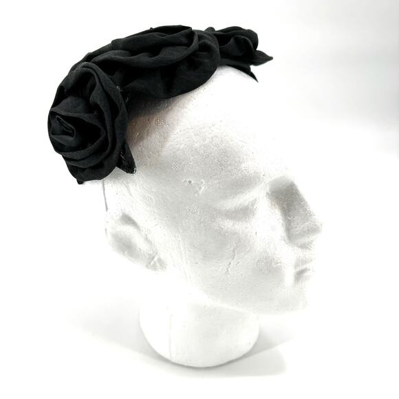 Black Fascinator Fabric Rosettes Over Mesh Form VTG Headwear main image 4